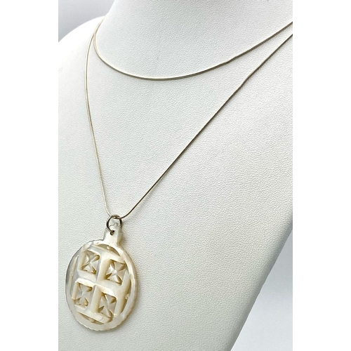 920 - A Scarce Vintage Knights Templar/Jerusalem Cross Carved Mother of Pearl Pendant Necklace. 100cm Long... 