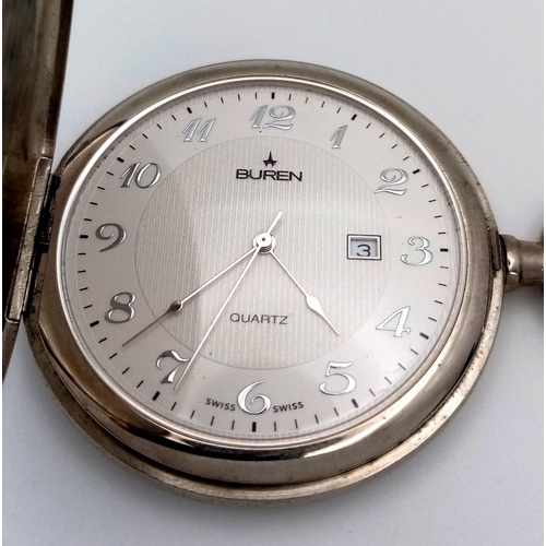 1271 - A Buren Quartz Full Hunter Pocket Watch. White dial with date window. In good condition and working ... 