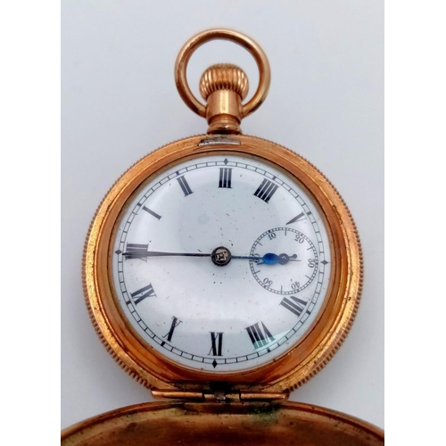 1293 - An Antique Gold Plated Small Full Hunter Pocket Watch. White dial with second sub dial. Works but te... 