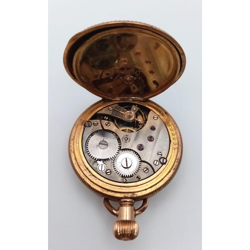 1293 - An Antique Gold Plated Small Full Hunter Pocket Watch. White dial with second sub dial. Works but te... 