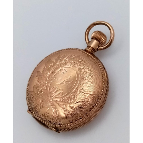 1293 - An Antique Gold Plated Small Full Hunter Pocket Watch. White dial with second sub dial. Works but te... 