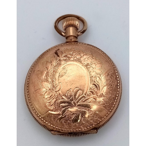 1293 - An Antique Gold Plated Small Full Hunter Pocket Watch. White dial with second sub dial. Works but te... 