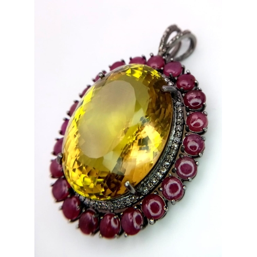 446 - A Citrine and Ruby Silver Pendant with Rose Cut Diamonds set in 925 Sterling Silver. Oval cut Citrin... 