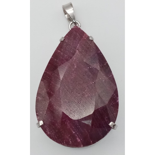 496 - A Large 90ct Teardrop Ruby Pendant. 86g total weight. 7cm. Ref: VO-1798. Comes with a presentation c... 