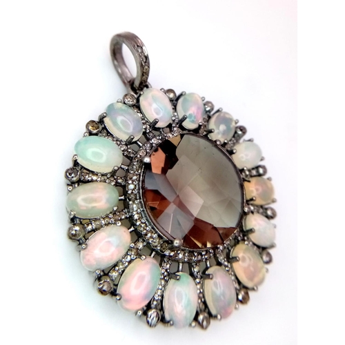 68 - A Smoky Quartz & Ethiopian Opal Silver Pendant. Round cut Smoky quartz & Oval cut Opals set in 925 S... 