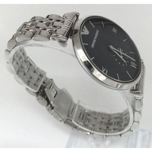 1239 - An Emporio Armani Gents Watch. Stainless steel bracelet and case - 40mm. Black dial with second dial... 