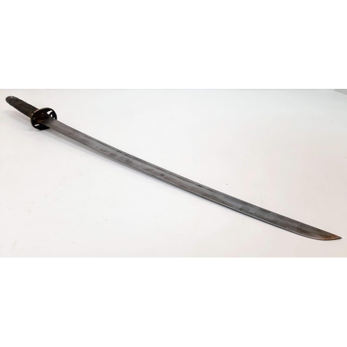 1278 - A Vintage or Older Brass and Steel Display Japanese Katana Sword. Heavy Steel Blade. Inscribed Scabb... 