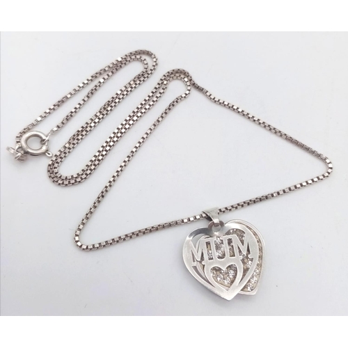 1326 - A fancy 925 silver ''MUM'' and CZ cluster heart pendants on silver snake chain. Total weight 4.25G. ... 