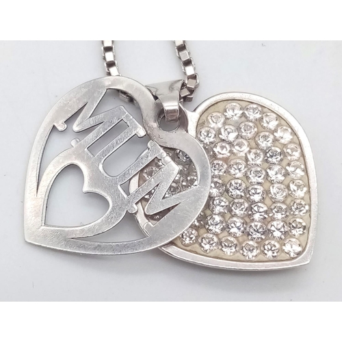 1326 - A fancy 925 silver ''MUM'' and CZ cluster heart pendants on silver snake chain. Total weight 4.25G. ... 