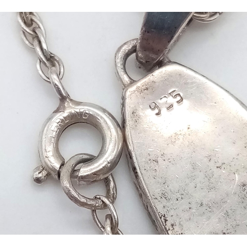 1346 - A vintage 925 silver Mother of Pearl pendant on silver chain. Total weight 6.55G. Total length 54cm.