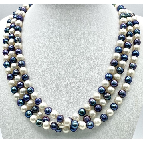 244 - A Multi-Coloured Three Row Cultured Pearl Necklace on a 925 Silver Clasp. 40-44cm.