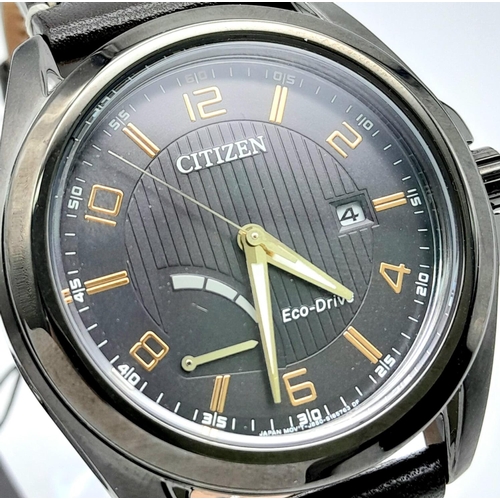 773 - A Citizen Eco Drive Gents Watch. Brown leather strap. Brushed stainless steel case - 43mm. Black dia... 