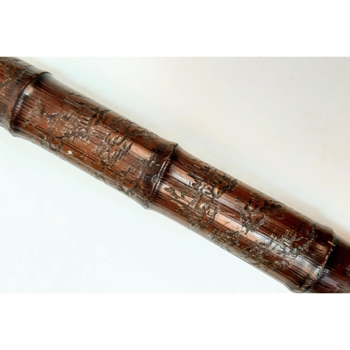 1226 - A Very Rare Antique and Unique Hand Carved Oriental Bamboo Walking Stick. Highly Carved Detailed wit... 