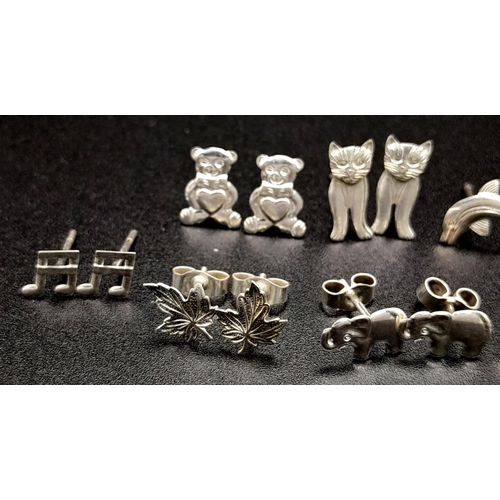 1459 - 9 PAIRS OF STERLING SILVER STUD EARRINGS CAT, CROSS, TEDDY, LEAF, ELEPHANT, MUSIC NOTE, HEART, DOLPH... 