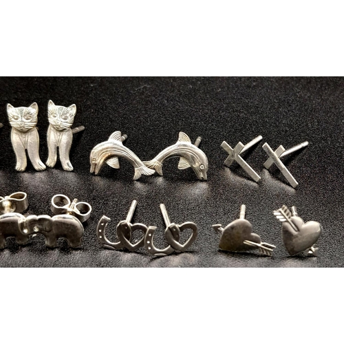 1459 - 9 PAIRS OF STERLING SILVER STUD EARRINGS CAT, CROSS, TEDDY, LEAF, ELEPHANT, MUSIC NOTE, HEART, DOLPH... 