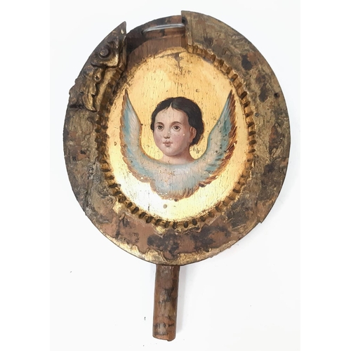 817 - An Antique (Possibly Russian) Liturgical Fan. Oil on wood panel in the form of a winged angel. It wo... 