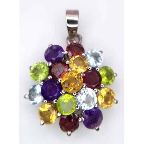 1058 - A Multi-Gemstone 925 Silver Pendant. Consisting of Moonstones, Citrine & Rubies. 9ctw. W-6.9g. 3cm. ... 