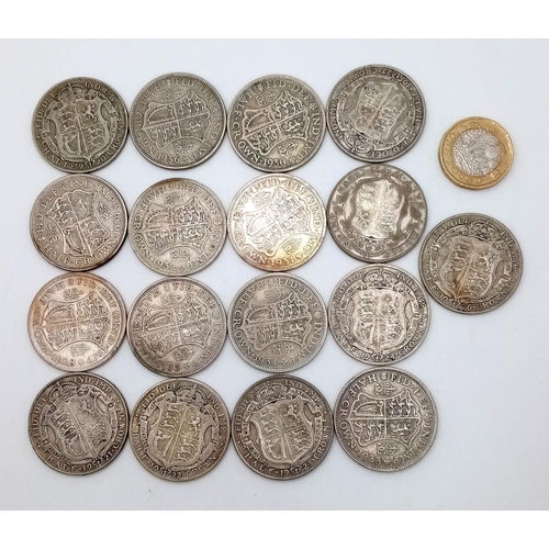 1405 - Seventeen George V Consecutive Silver Half Crown Coins: 1920-1936. Please see photos for conditions.