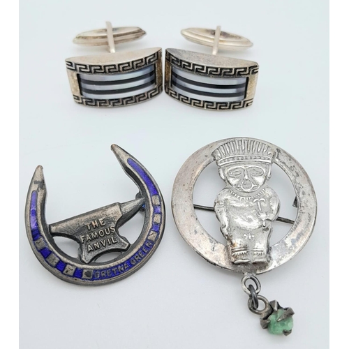 1421 - An Eclectic Mix: Silver and Enamel Cufflinks, two vintage badges/brooches and a twisted cultured pea... 