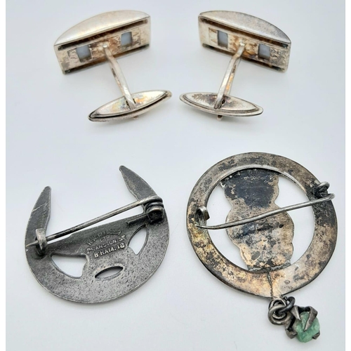 1421 - An Eclectic Mix: Silver and Enamel Cufflinks, two vintage badges/brooches and a twisted cultured pea... 