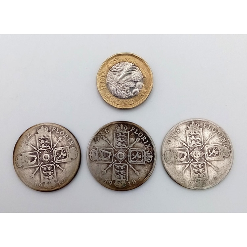 1454 - Three 1918 George V Silver Florin Coins. 1910,15 and 18. Please see photos for conditions.