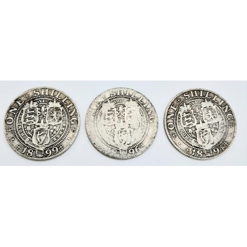 1471 - Three Victorian Silver Shilling Coins: 1894,6 and 9. Please see photos for conditions.