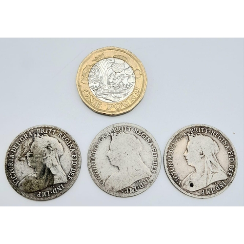 1471 - Three Victorian Silver Shilling Coins: 1894,6 and 9. Please see photos for conditions.