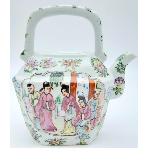 586 - An Antique Chinese Canton Famille Rose Teapot. Depicts a court scene with floral decoration. 19cm x ... 