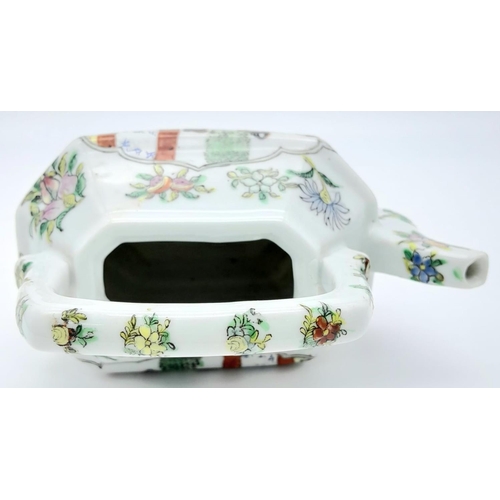 586 - An Antique Chinese Canton Famille Rose Teapot. Depicts a court scene with floral decoration. 19cm x ... 