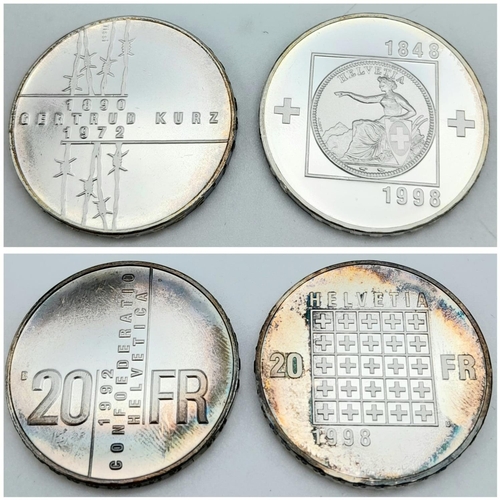 729 - A Gertrund Kurz Silver Commemorative Swiss 20 FR Coin Plus a 1998 Swiss Silver Helvetia 20FR Coin. I... 