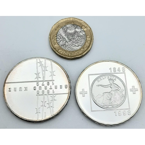 729 - A Gertrund Kurz Silver Commemorative Swiss 20 FR Coin Plus a 1998 Swiss Silver Helvetia 20FR Coin. I... 