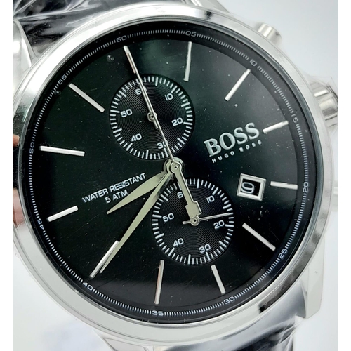 1028 - A Stylish Designer Hugo Boss Gents Dress Watch. Black leather strap. Stainless steel case - 41mm. Bl... 