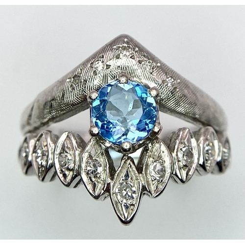 555 - A 14K WHITE GOLD DIAMOND & BLUE TOPAZ RING - 6.2G. SIZE Q