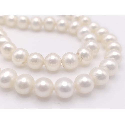 736 - A Cultured White Pearl Necklace with a 9K Yellow Gold Clasp. 
42cm.