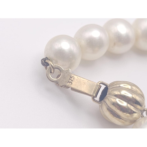 736 - A Cultured White Pearl Necklace with a 9K Yellow Gold Clasp. 
42cm.