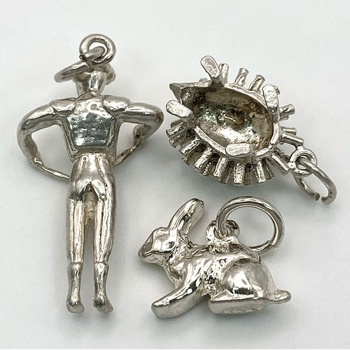 1423 - Sterling silver selection of 3 charms including rabbit, hedgehog and man, 6.3g total weight.