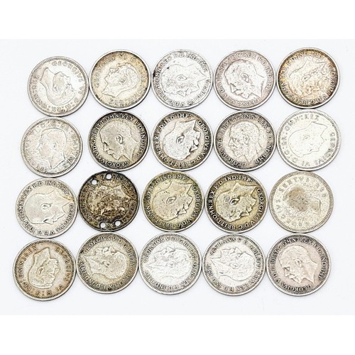 841 - A Small Collection of 20 Pre 1946 British Silver Three Pence Coins. Please see photos for finer deta... 