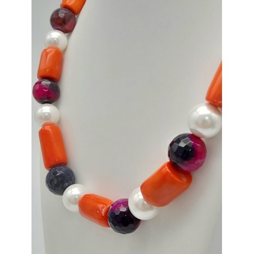 888 - A Purple Agate, Red Coral and White Pearl Shell Necklace. An eclectic mix of Summer colours. 50cm.