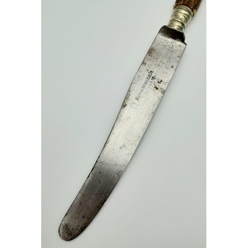 1379 - 3rd Reich Hunting Association Antler handled knife with hand engraved logo. Maker Anton Wingen Jr. L... 