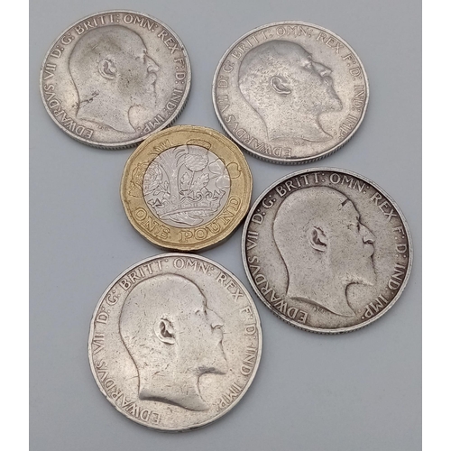 1472 - Four Edward VII Pre 1920 Silver Florin Coins. Please see photos for conditions.