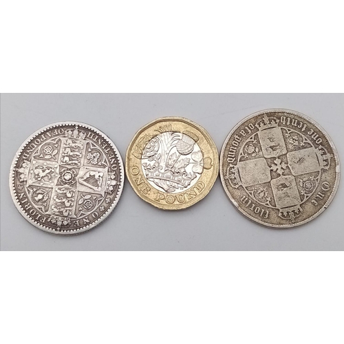 1486 - Two Queen Victoria Silver Florins - Godless 1849 and a Gothic type. Please see photos for conditions... 