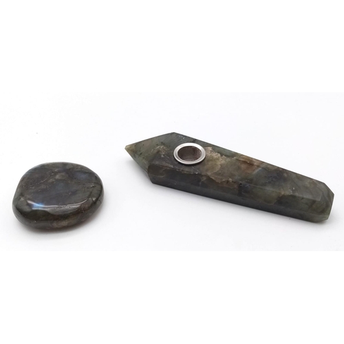 334 - An Asian smoking pipe (probably for opium) made of labradorite (variety blue flash) in excellent/unu... 