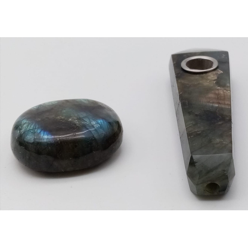 334 - An Asian smoking pipe (probably for opium) made of labradorite (variety blue flash) in excellent/unu... 