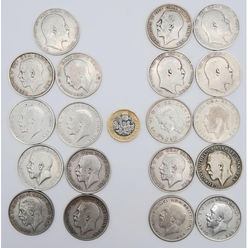 344 - 19 Pre 1947 British Silver Half Crowns - Please see photos for conditions. 264g total weight.