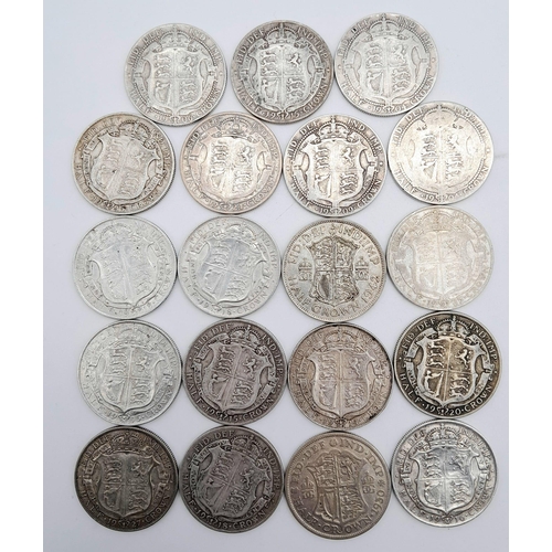 344 - 19 Pre 1947 British Silver Half Crowns - Please see photos for conditions. 264g total weight.