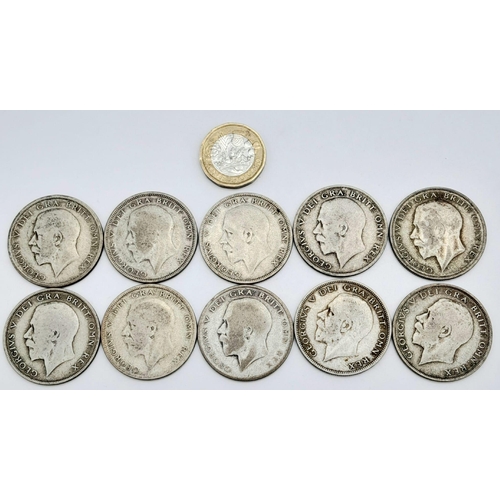 453 - Ten Pre 1947 Silver Half Crown Coins. Please see photos for conditions.