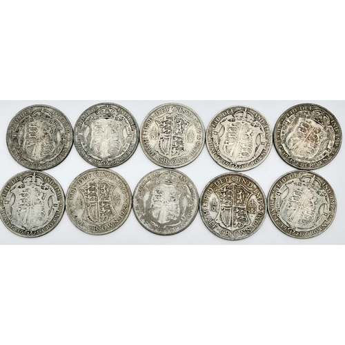 453 - Ten Pre 1947 Silver Half Crown Coins. Please see photos for conditions.