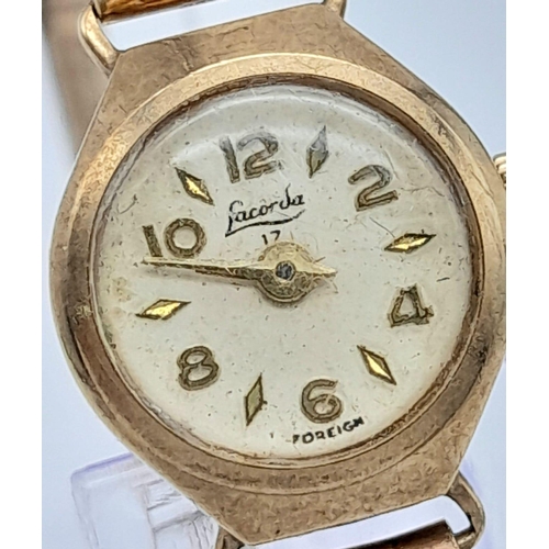 58 - A Vintage 9K Gold Lacorda Ladies Watch. 9K gold bracelet and case - 15mm. 17 jewels. Mechanical move... 