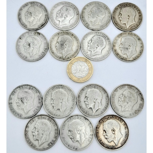 746 - Fifteen Pre 1947 George V Silver Florin Coins. Please see photos for conditions. 166.5g total weight... 