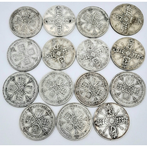 746 - Fifteen Pre 1947 George V Silver Florin Coins. Please see photos for conditions. 166.5g total weight... 